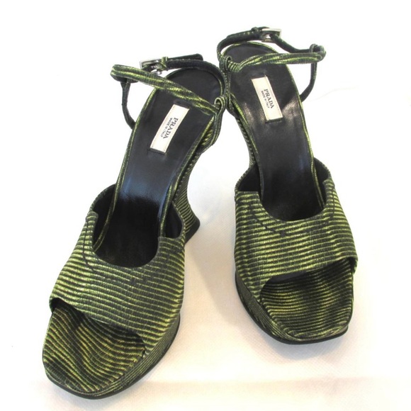 PRADA RARE VINTAGE 00 PRADA GREEN ILLUSION PRINT OPEN TOE WEDGE MULES sz 39 NWOT - Picture 6 of 12